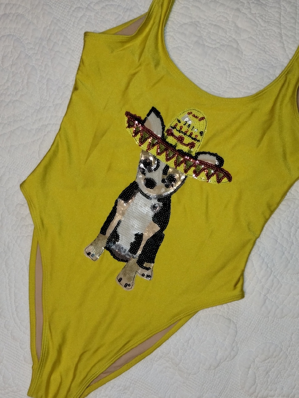 Yellow Sequin Chihuahua One-Piece Swimsuit